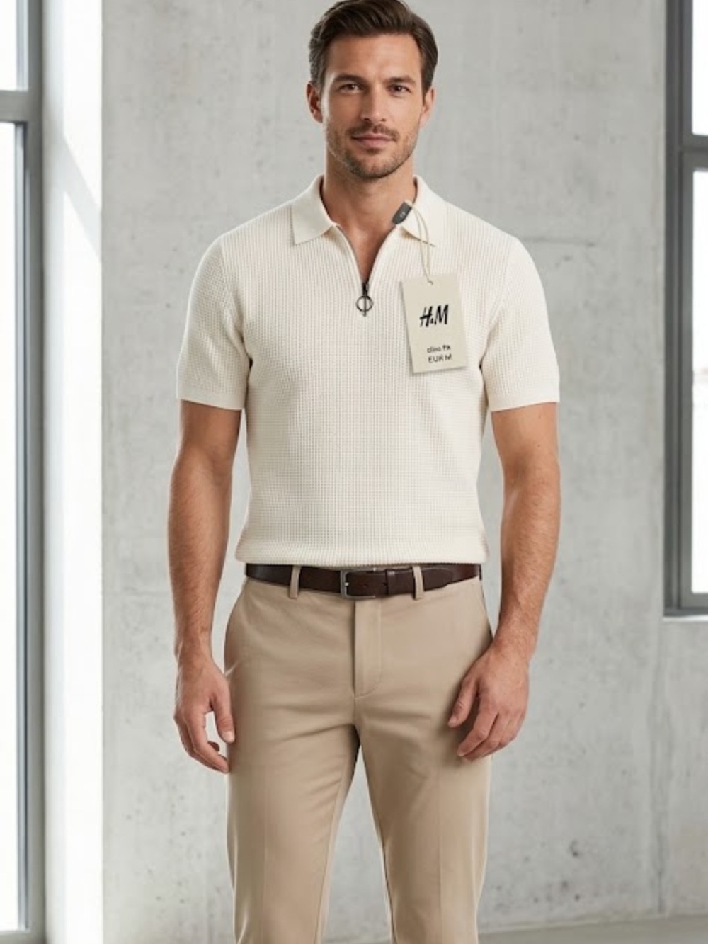 H&M Men's Cream Short-Sleeve Zip Polo Shirt